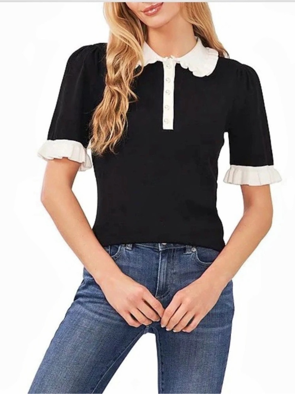 CeCe Ruffle Collar Short Sleeve Polo Sweater Black & White Large
